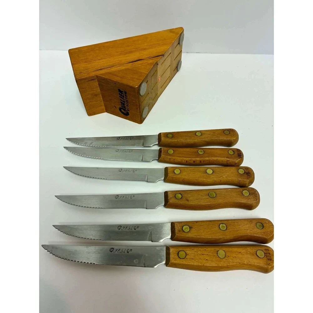 Vintage Cavalier by Rogers 6‎ Piece Steak Knife Set with Wood Block Stainless